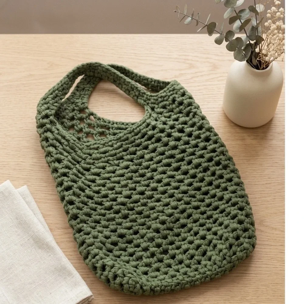 Olive Green‎ Crochet Tote Bag Boho Macrame Mesh Market Shopper Beach Bag Small